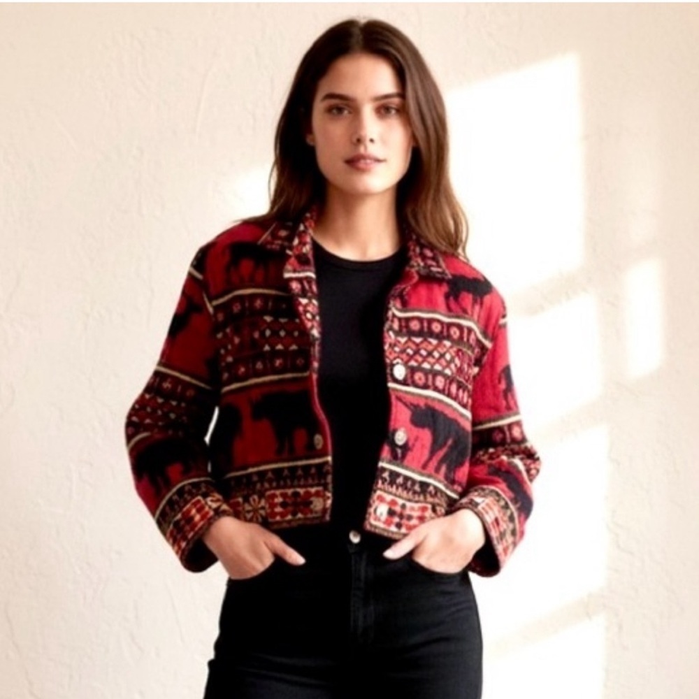 VTG Painted Pony Womens Red Sweater Jacket XL Animal Tapestry Aztec Long Sleeve